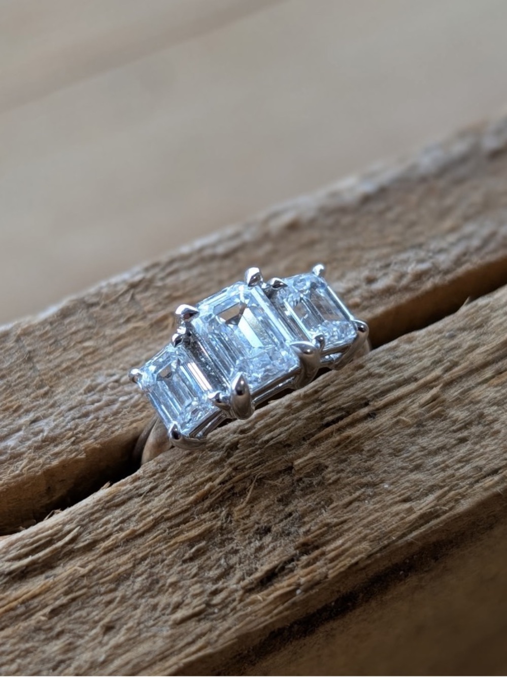 14k Three-Stone Emerald-Cut Diamond Ring